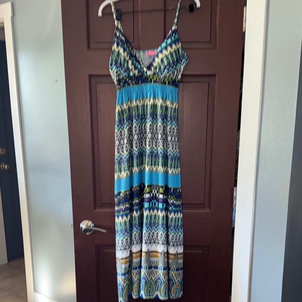 Speechless Blue and Green Geometric Maxi Dress